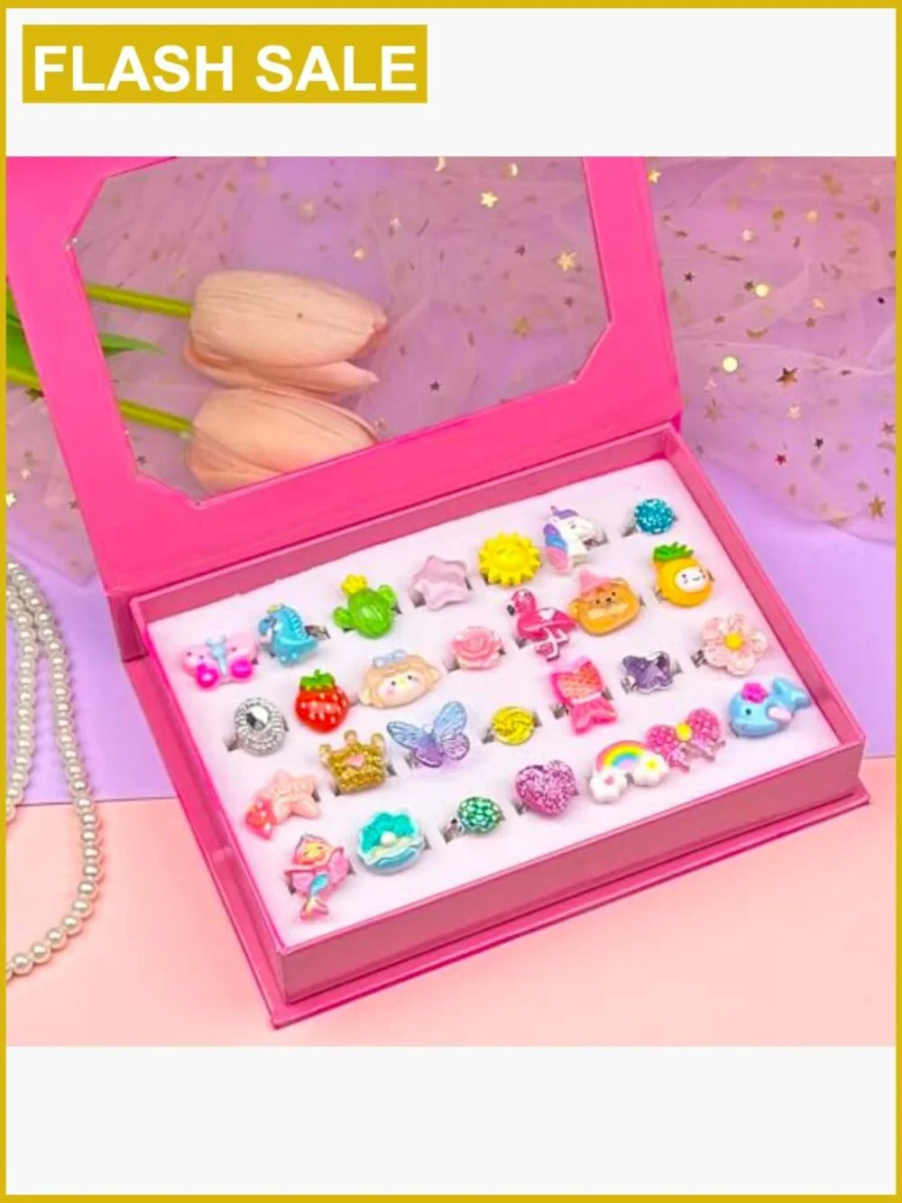 28pcs Little Girl Rings Princess Pretend Play Jewelry Set Adjustable